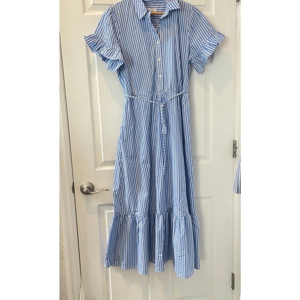 New! J. Crew Factory Striped Ruffle-Sleeve Shirt-Dress Sail Blue Sz S ## - Picture 3 of 6